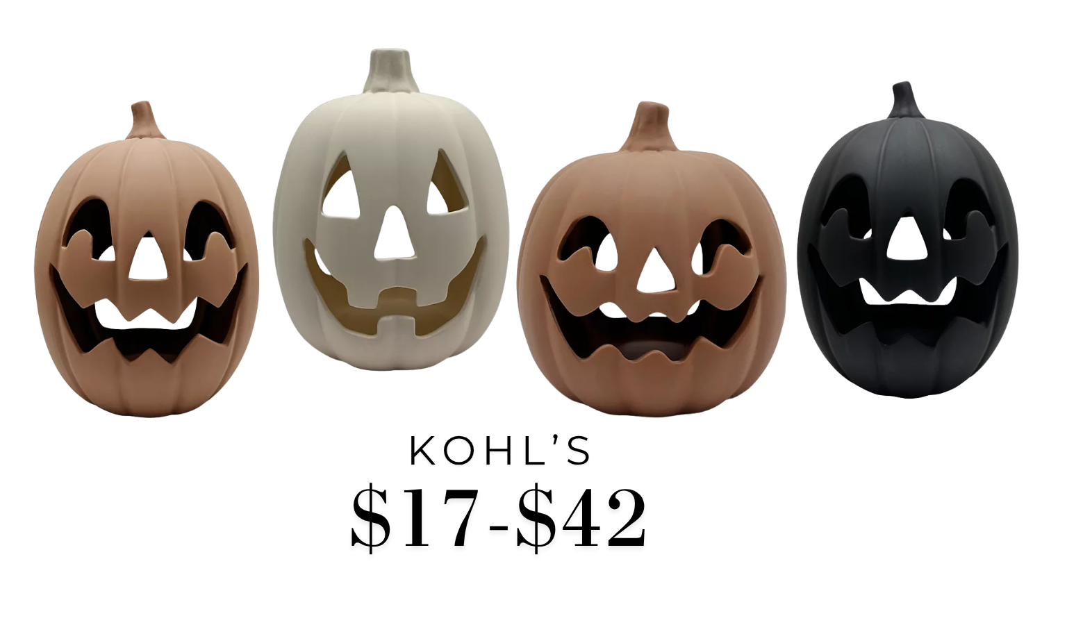 Kohl's Celebrate Together terracotta jack-o'-lantern decor with rusty undertone in tall, white, black, and oversized styles