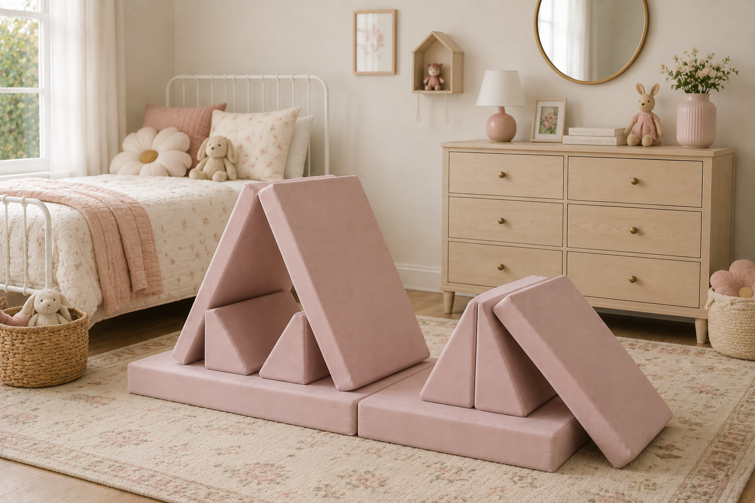 Pink Nugget couch dupe arranged for fort building in a girls bedroom with soft pink bedding and neutral decor.