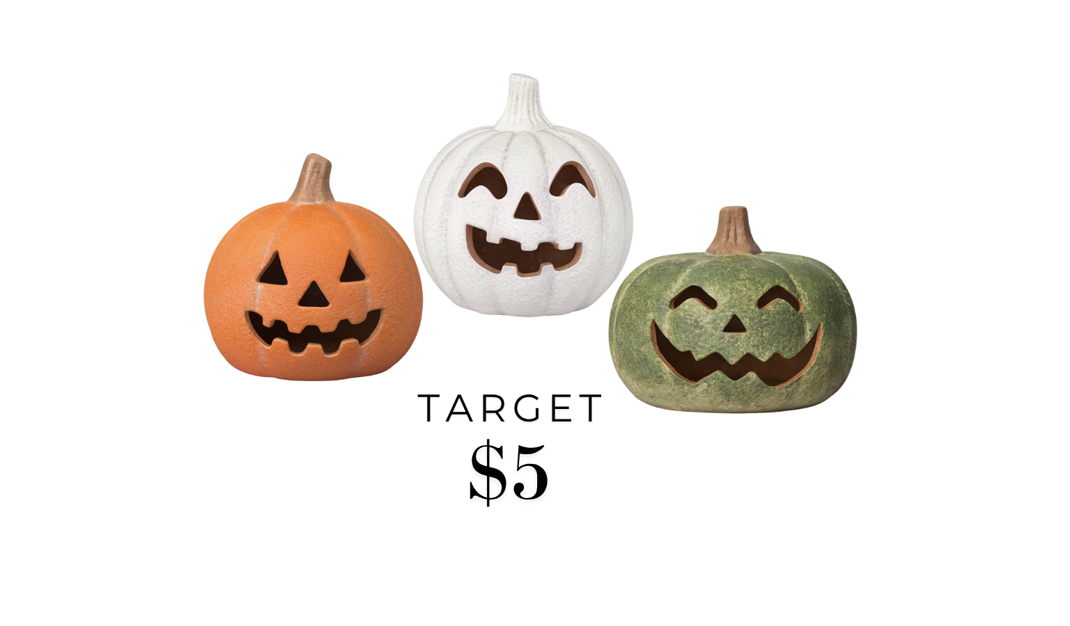 Small terracotta jack-o'-lantern pumpkin decor from Target in orange, off-white, and green, $5 each