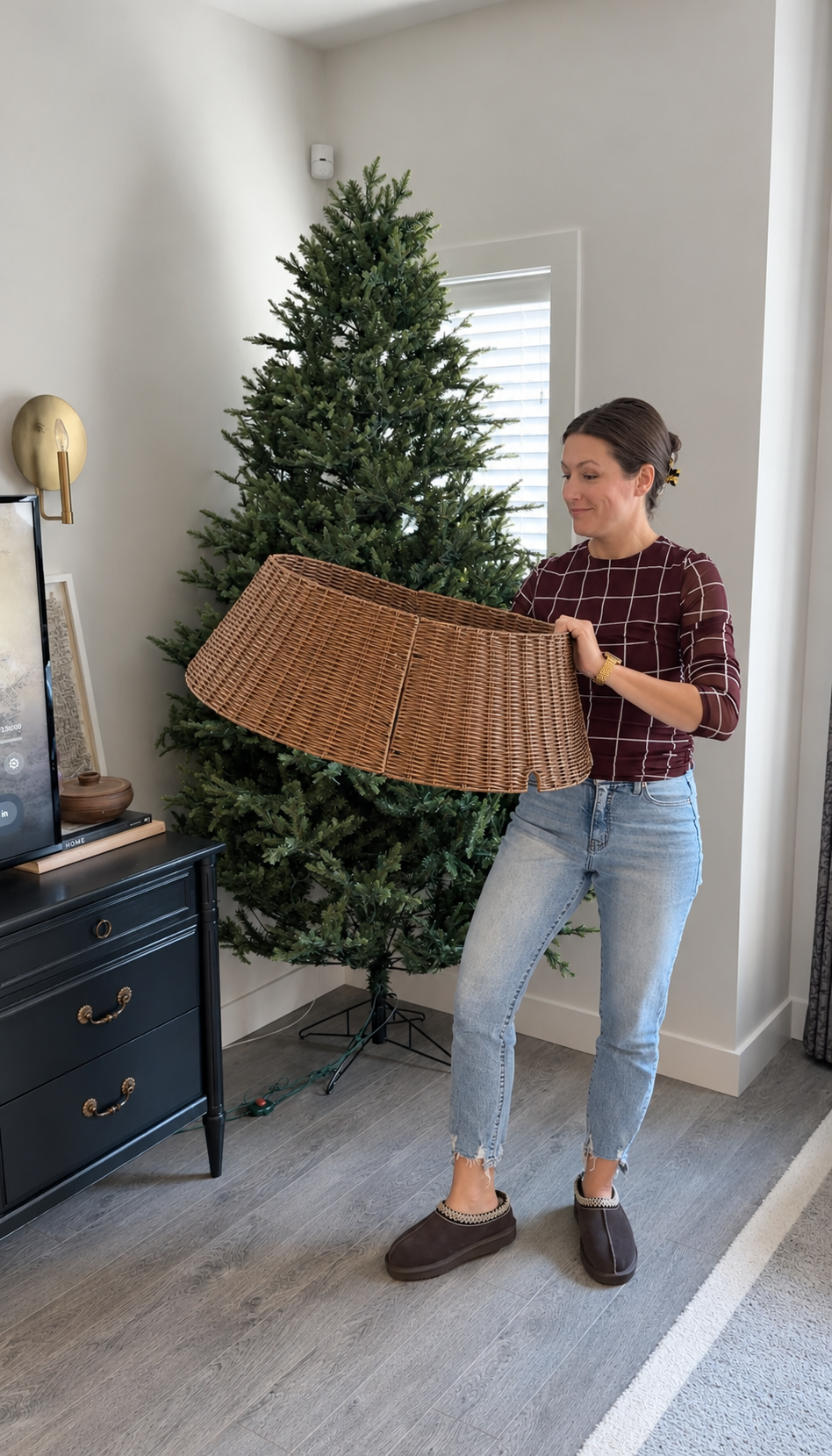 Cheap tree collar hack for a Christmas tree basket look on a budget