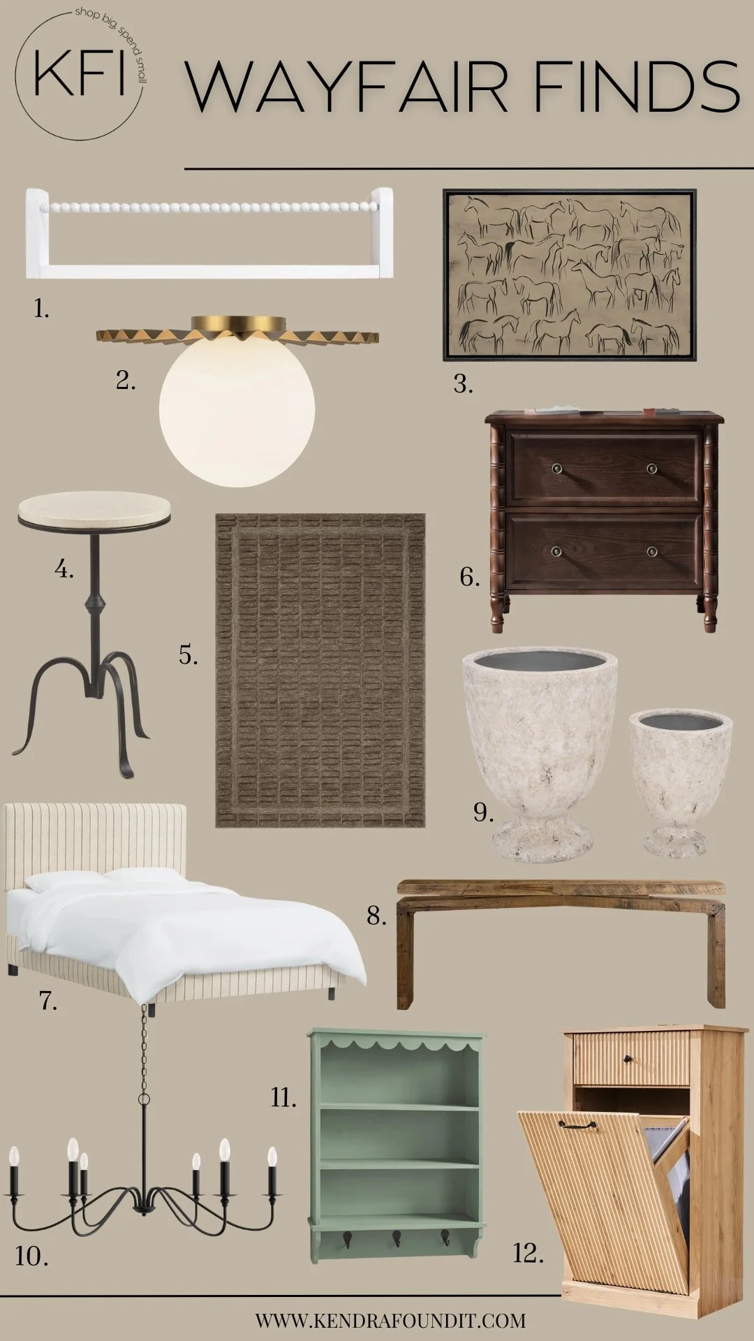 organic modern wayfair finds: nightstand, vintage style artwork, textured wool rug, and more
