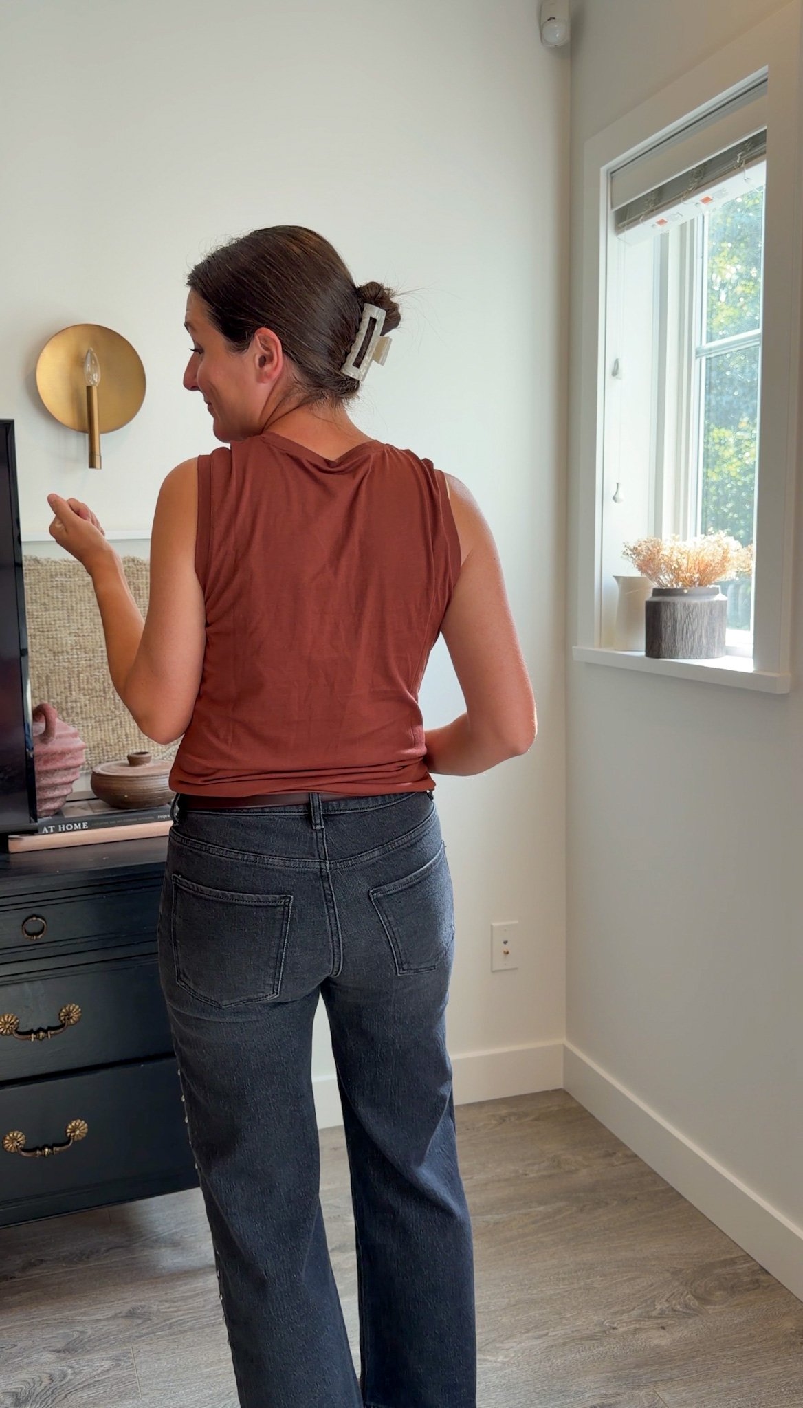 quince bella stretch studded jeans in real life photos
