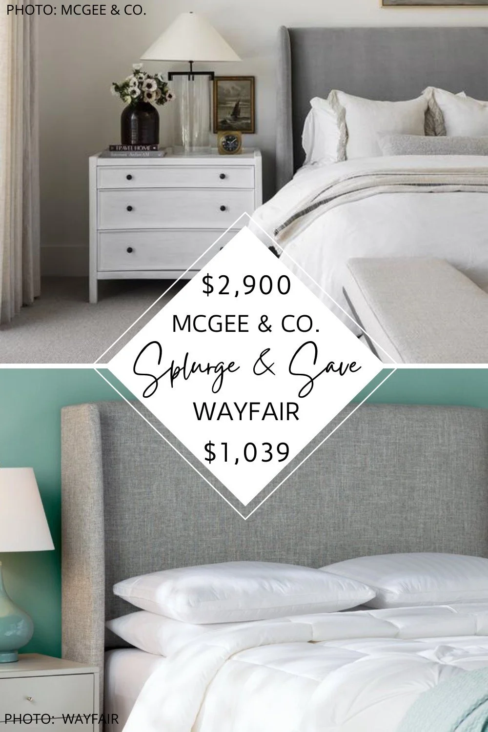 This upholstered transitional bed is actually a McGee and Co. dupe! It's from Wayfair and features a tall upholstered headboard and will get you the Studio McGee look for less.