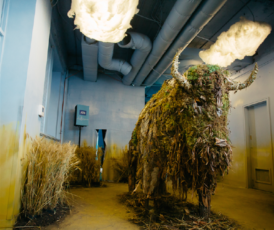 "The Disappearing Bison" - Art installation Sponsor: Edmonton Downtown Business Association Art Direction & Design: Leigh Wright of Vignettes Design Series Mural Art: Grady Wallace of RAD Originals Materials & Community Sponsors: Cloverdale Paint, Relic Woodworks (reclaimed bark); Two Buds Floral (wheat, moss, succulents, straw), Ackard Construction, Revington Renovations, Rivercity Tile Company, RAD Originals, Mojo Design Inc. New Home: Edmonton International Airport 2017- 2020