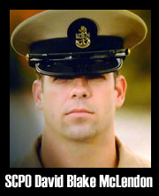 U.S. Navy Senior Chief Cryptologic Technician David Blake McLendon, 30, of Thomasville, GA, assigned to Naval Special Warfare Group 2 Support Activity in Norfolk, VA, was killed September 21, 2010, in a helicopter crash during combat operations in the Zabul province of Afghanistan. McLendon is survived by his wife Kate McLendon, his parents David and Mary-Ann McLendon, his brother Chris McLendon, and his sister Kelly Lockman. 