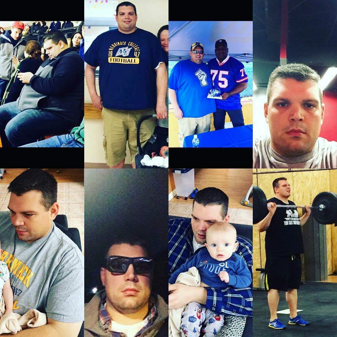 Joe Ryan is not one to brag but he is one of the hardest working athletes and likeable guys I have ever been about to be around. Thanks for letting us be a part of your journey! From Joe Ryan: "Between August 2010 and August 2011, I lost a lot of weight. 152lbs in 365 days. Unfortunately, dieting and cardio without building strength, ate away at my muscle mass and left me susceptible to gaining it all back. Oh boy, did I. In 2014-2015, we got married, had a terrible house fire, I started a new job and we had Quinn. It was a VERY busy time and eating healthy wasn't a priority. I felt like I blinked and the weight was back. After seeing a terrible picture of myself online (top left) just over a year ago, I knew that I had to do something. But I had to do it right. I had to eat real food, not protein shakes and meal replacement bars. I had to prep meals, not special order something at a restaurant every day. No shortcuts. 6 months in, I felt good and decided to go back to Elm City CrossFit where I worked out for about 6 weeks before the fire and never really got back into it. It was exactly what I needed. Today marks a year since I stepped on the scale and I didn't get near 152lbs but that's okay. I ended up between 115-120 down. I'm much stronger and healthier than at anytime during that stretch a few years back. It's still a work in progress but doing things the right way feels better, rather than just taking shortcuts to hit a number on the scale. The pictures go chronologically from the top left (that dreaded picture) to tonight at the gym on the bottom right."