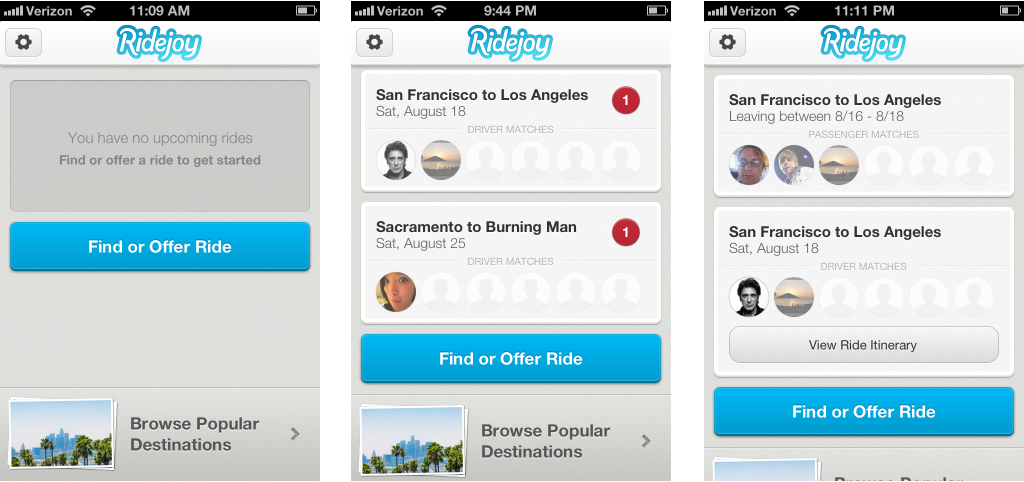 Final design Dashboard states (no upcoming rides, two rides with alerts, and 2 rides with a confirmed itinerary)