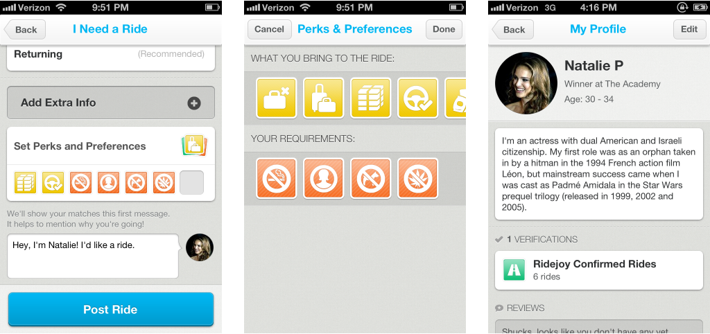 Final design Post ride optional details: add extra info, perks and preferences, profile.