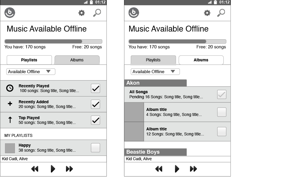 Wireframes Managing offline music