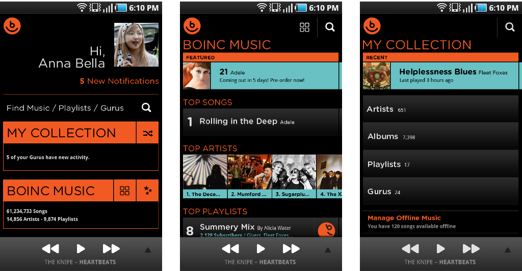 Android app final designs Android home screen, BOINC music, and My Collection