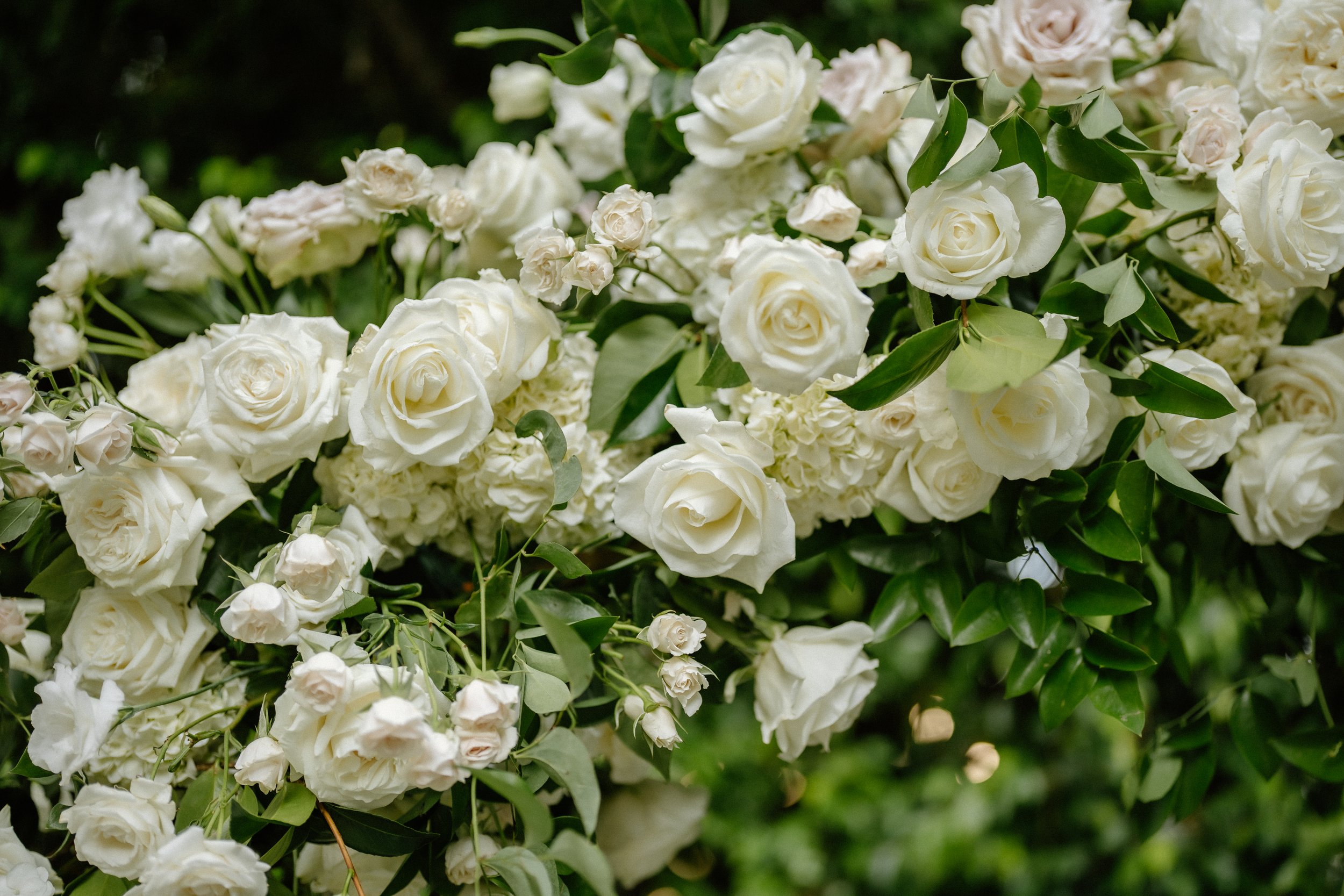 Close up of circular flower arch full of roses and hydrangeas made by The Flower Lab Los Angeles