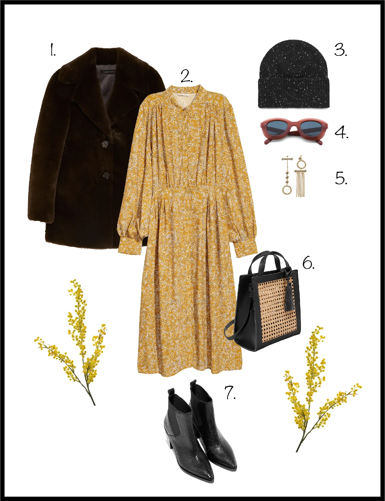 1. Coat: Zara, 2. Dress: H&M , 3. Hat: Cos , 4. Sunglasses: Celine , 5. Earrings: & Other Stories , 6. Bag: Mango , 7. Boots: & Other Stories