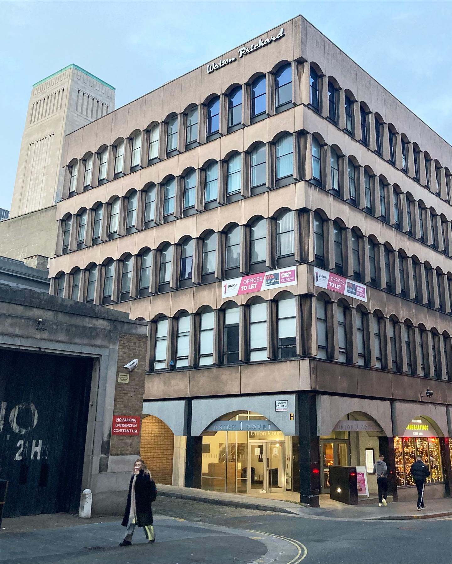 1 Union Court, with the logo of gentleman&rsquo;s outfitters Watson Prickard, who originally commissioned the building c.1968-70