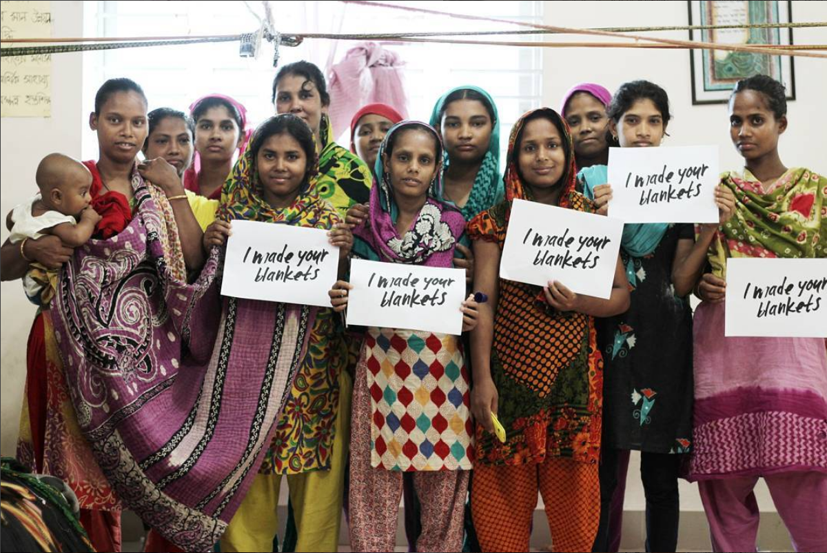 Local artisan partners in Bangladesh who hand-stitch kantha quilts and accessories made from upcycled saris (Basha).