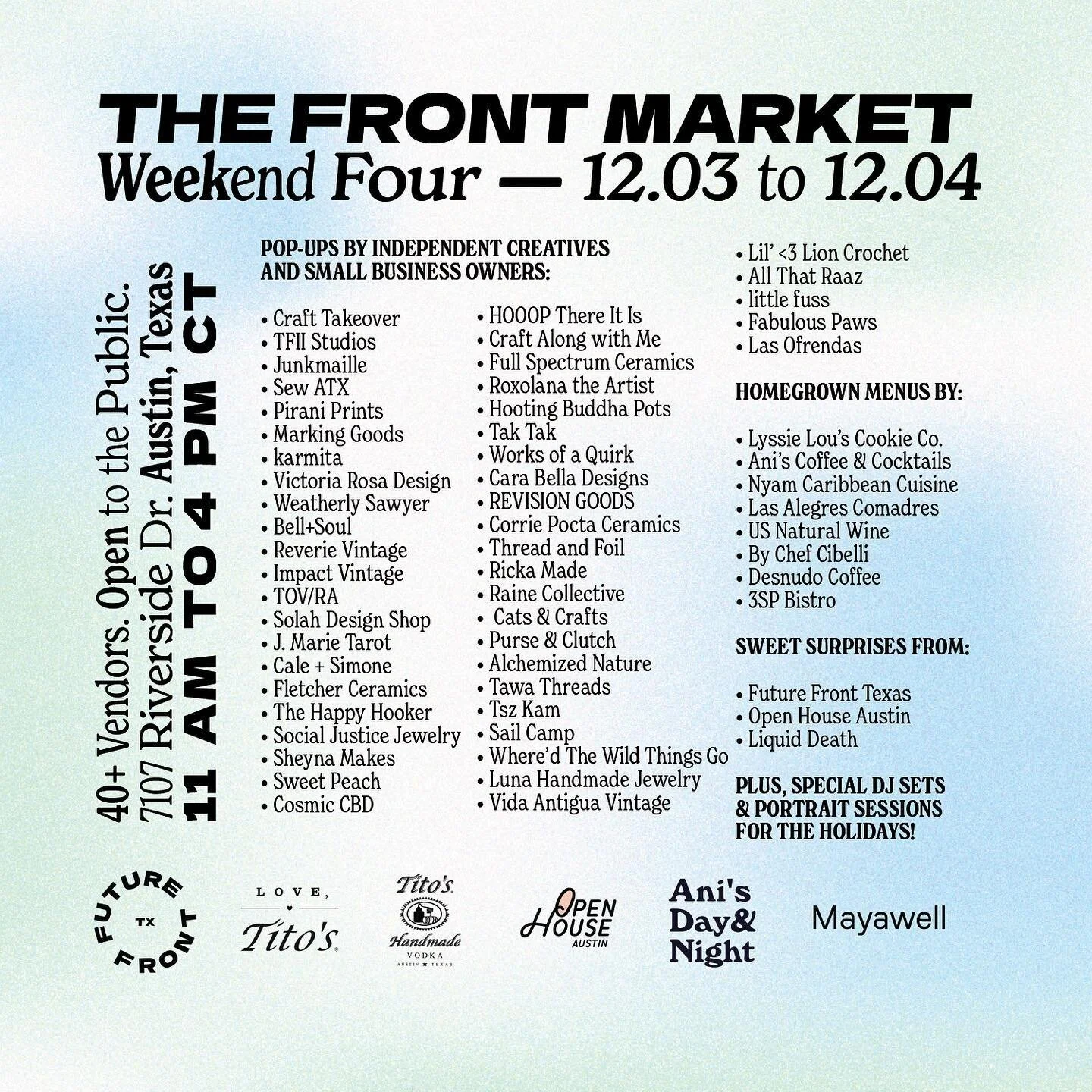 Our Weekend Four lineup ❤️&zwj;🔥 This week&rsquo;s highlights include:

☁️ 40 fresh vendors for all your holiday gifting 

☁️ daily DJ sets by @whitneyscrew and @forty1flip 

☁️ art show featuring works by @calderful @threadandfoil @darcie.book @ani