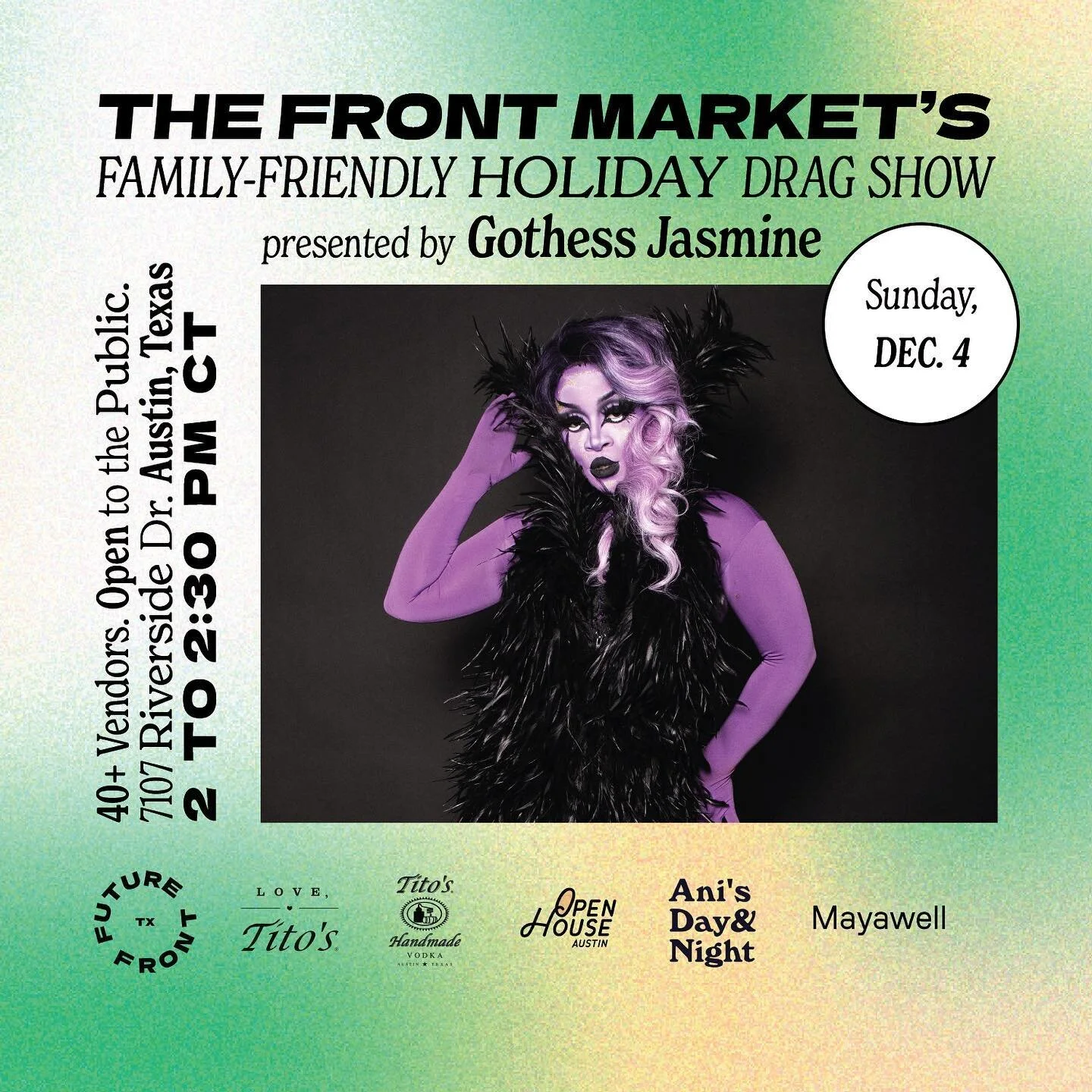 This Sunday at the market ❤️&zwj;🔥🌝 @gothess.jasmine&rsquo;s family-friendly drag show&mdash;a seasonal reminder that drag culture forever *belongs* in Texas!

The show will start right at 2:00 PM and run for 30 minutes, with performances by Gothes