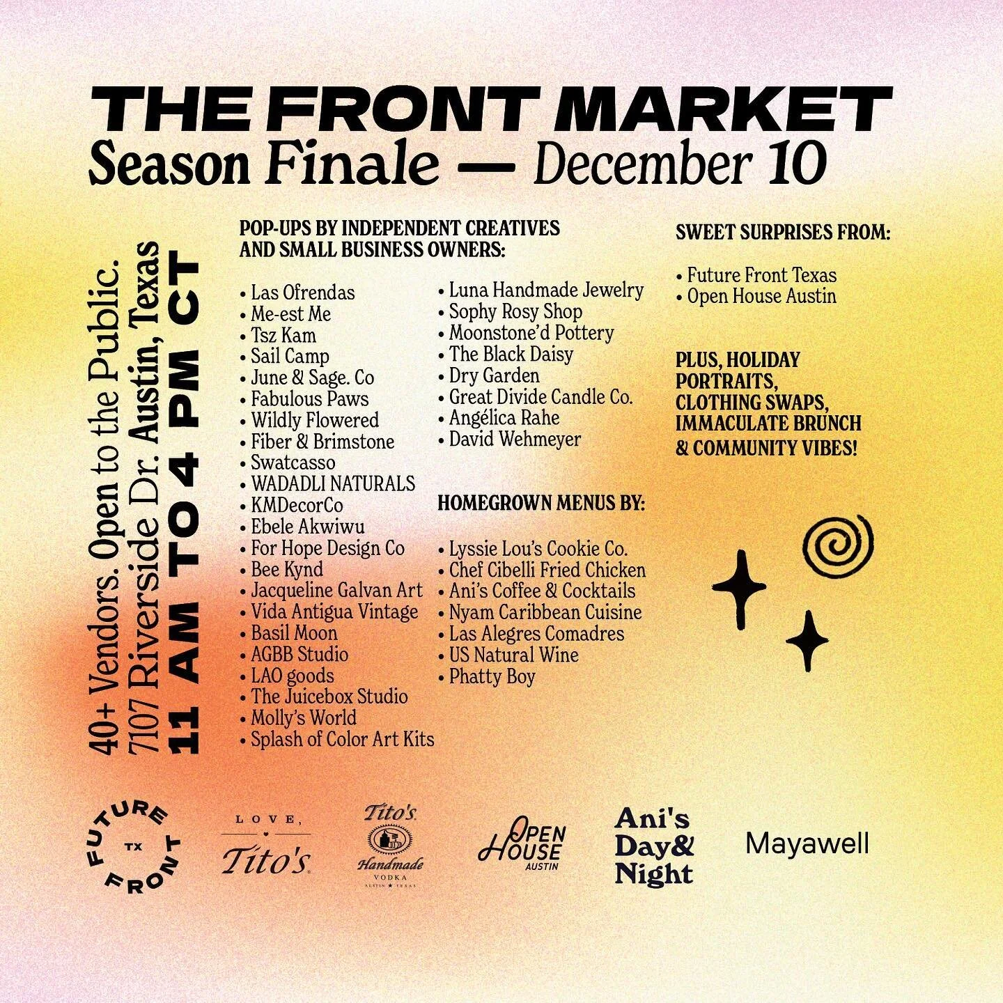 Our Season Finale lineup!!! ❣️ This Saturday&rsquo;s highlights include:

☁️ our last market for the year, featuring 30 new vendors

☁️ large format film portraits by @yvonneshoots

 ☁️ DJ sets by @boyfriendatx and @lavenderthug

☁️ a plus-size cloth