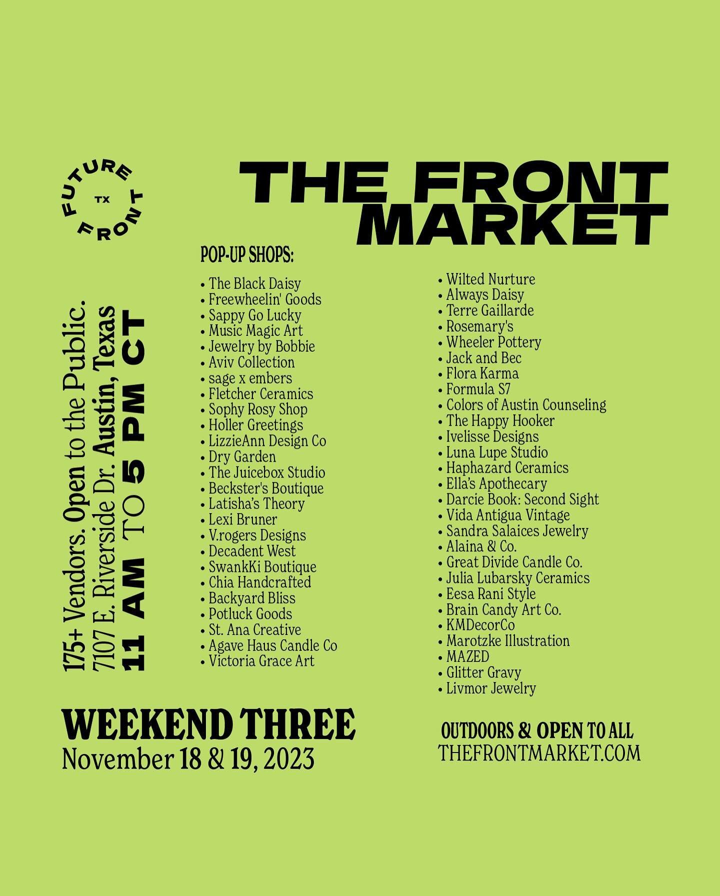 Introducing our Finale Weekend lineup! ❤️&zwj;🔥 Highlights include:

📍 50+ creative vendors &amp; rotating pop-up shops from across Texas daily 

📍 homegrown and local menus by @anisdayandnight @lasalegrescomadres @doomcookiebakery @nyamsunshinecu