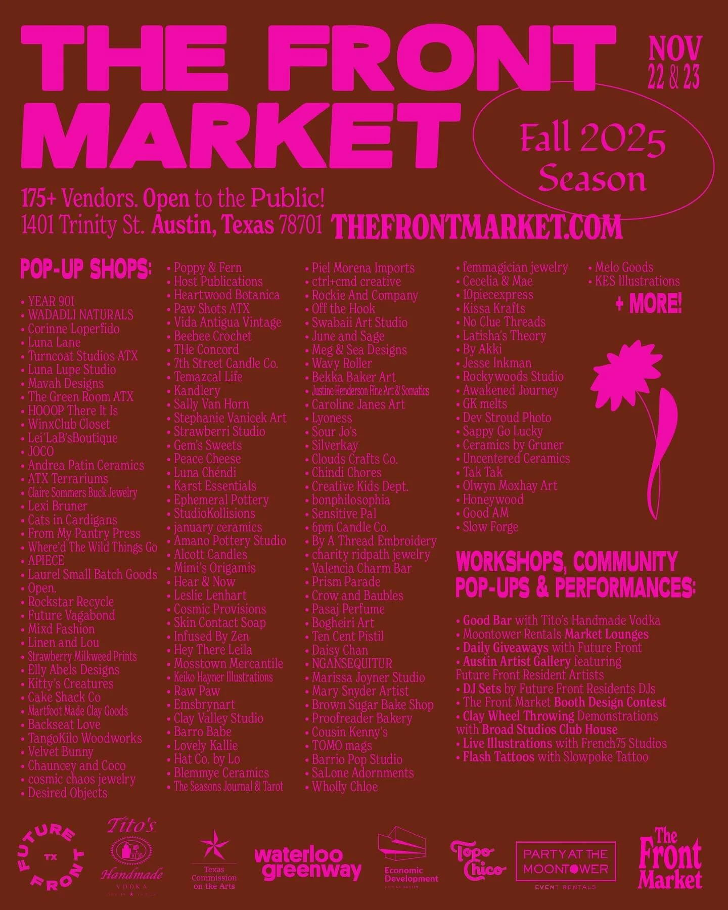 BIG FALL LINEUP 🏹 @thefront.market is headed back to @moodyamphitheater on November 22 and 23!

Head to thefrontmarket.com to meet the first 100 artists, independent creatives, guest chefs and craftspeople joining this season&rsquo;s lineup. 

And m