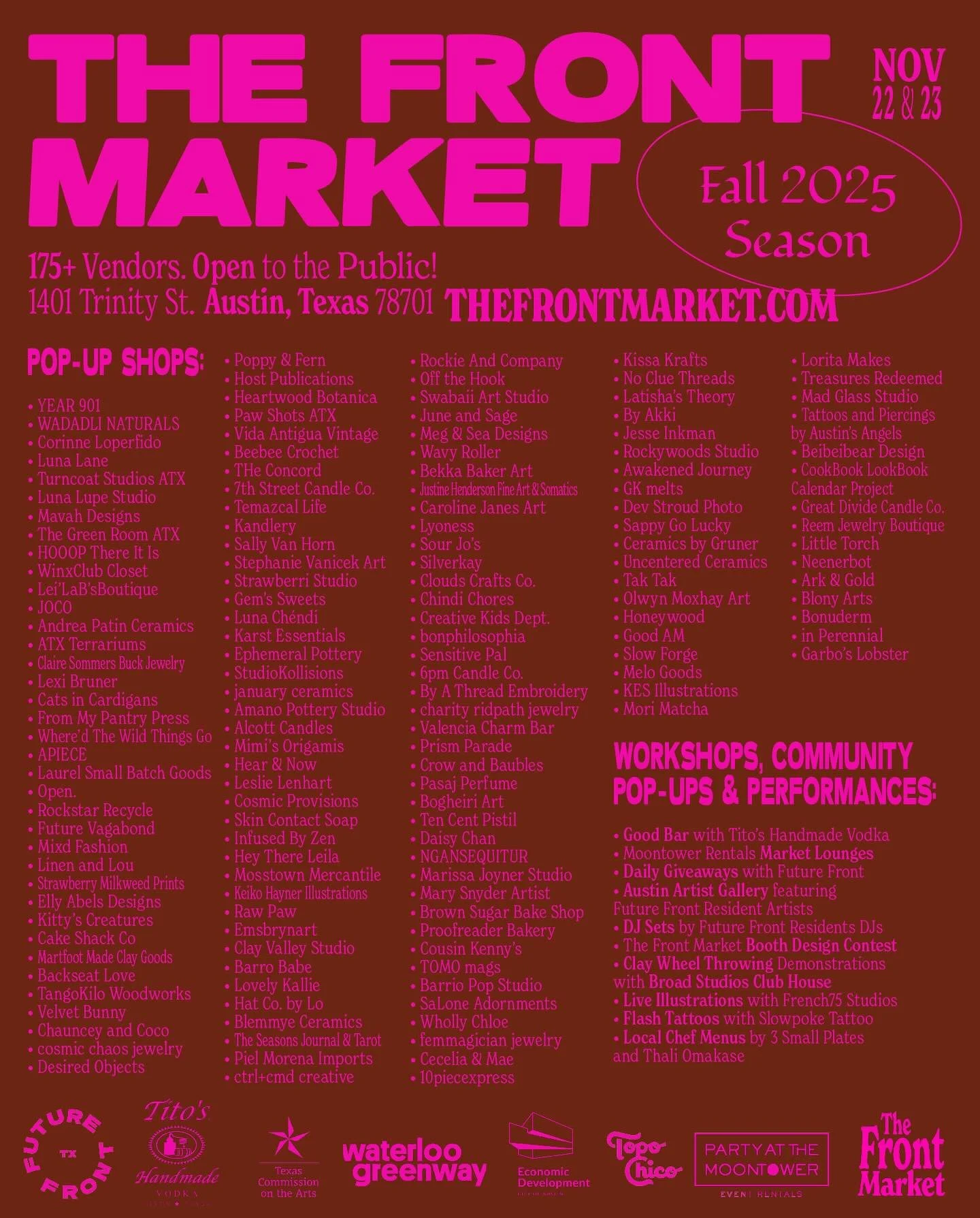 IT&rsquo;S MARKET SEASON 🌎 @thefront.market is less than three weeks away&mdash;and the full lineup is here.

★ One of the largest art markets and craft fairs in Texas
★ 150+ artists, makers, craftspeople and small business owners
★ @moodyamphitheat