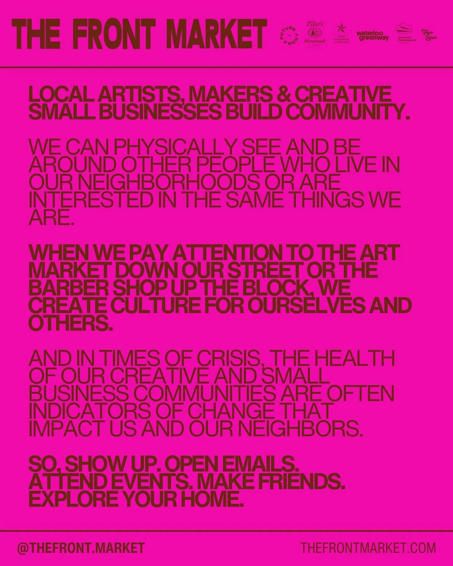 SHOP SMALL, SUPPORT LOCAL, SHOW UP. ❤️&zwj;🔥 THANK YOU FOREVER, AUSTIN.

This weekend marks @thefront.market&rsquo;s 19th season, since our first little debut in October 2016.

We are so grateful to be here, alongside so many talented artists, maker