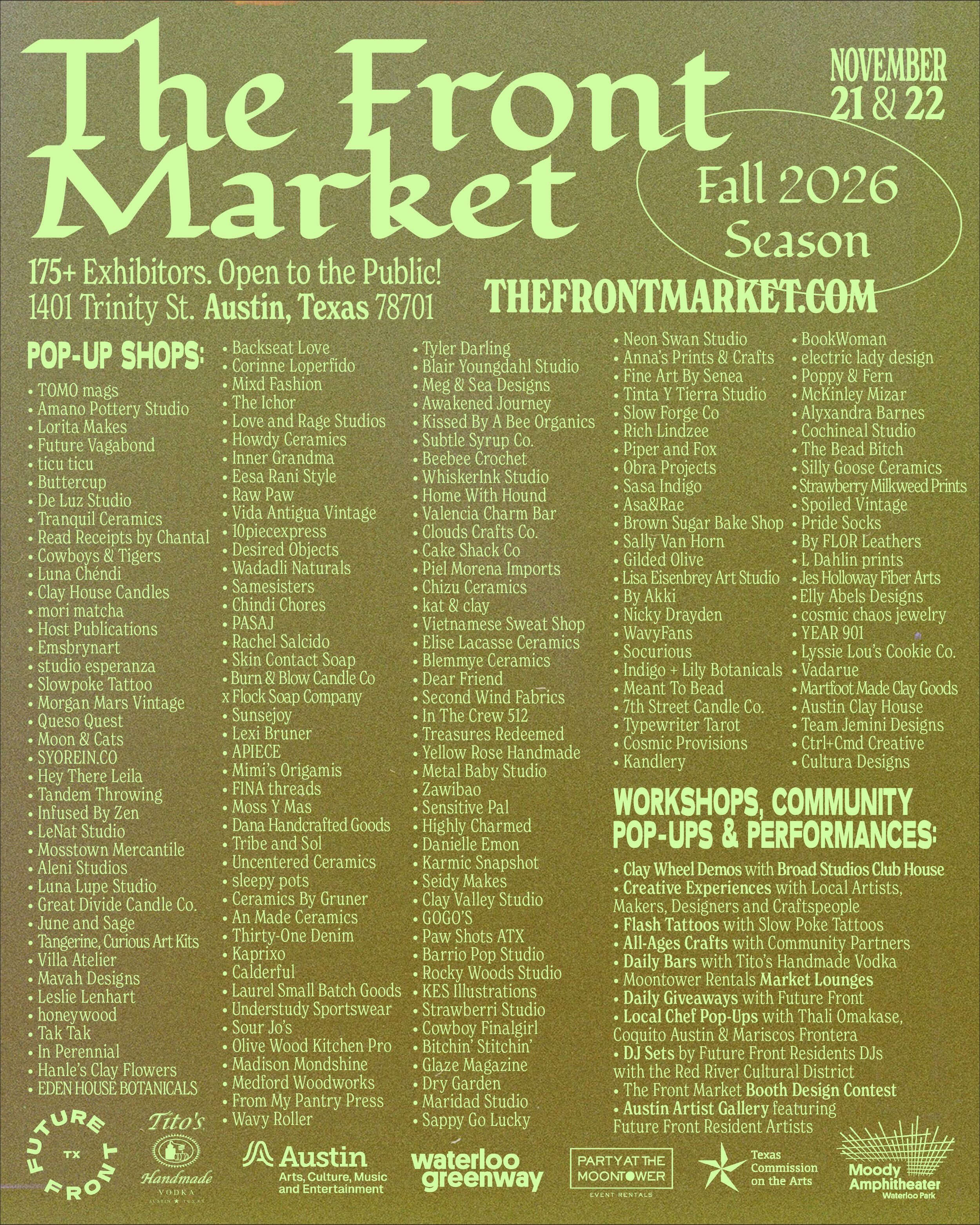 IT&rsquo;S MARKET SEASON 🌎 @thefront.market is 1.5 months away&mdash;and the full exhibitor lineup is here.

★ One of the largest art markets and craft fairs in Texas, returning for a 20th season this fall
★ 175+ artists, makers, craftspeople and cr
