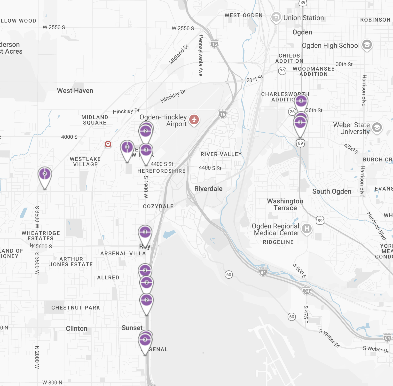 Bus shelter advertising inventory map for Ogden, Utah
