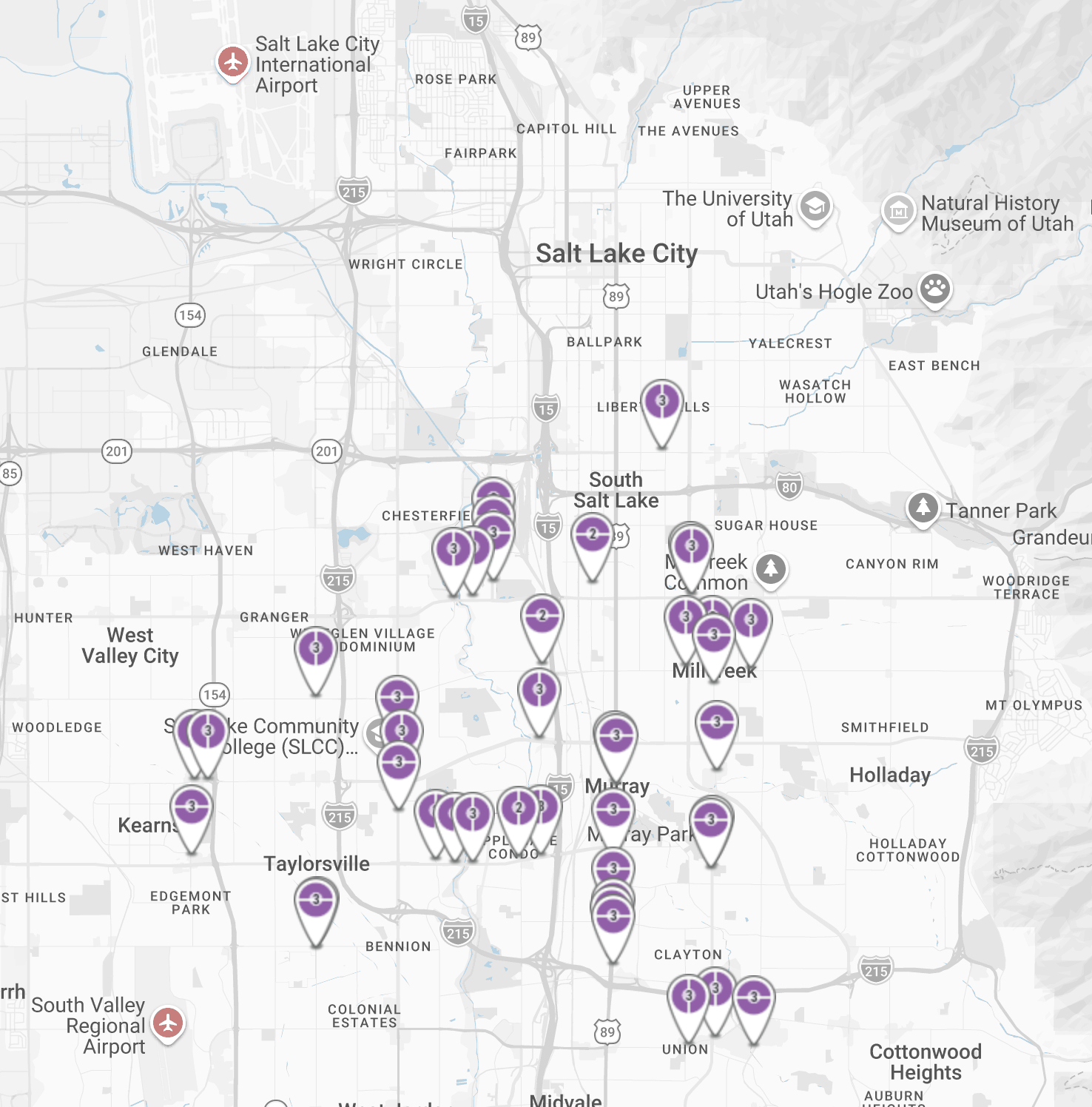 Bus shelter advertising inventory map for Salt Lake City, Utah