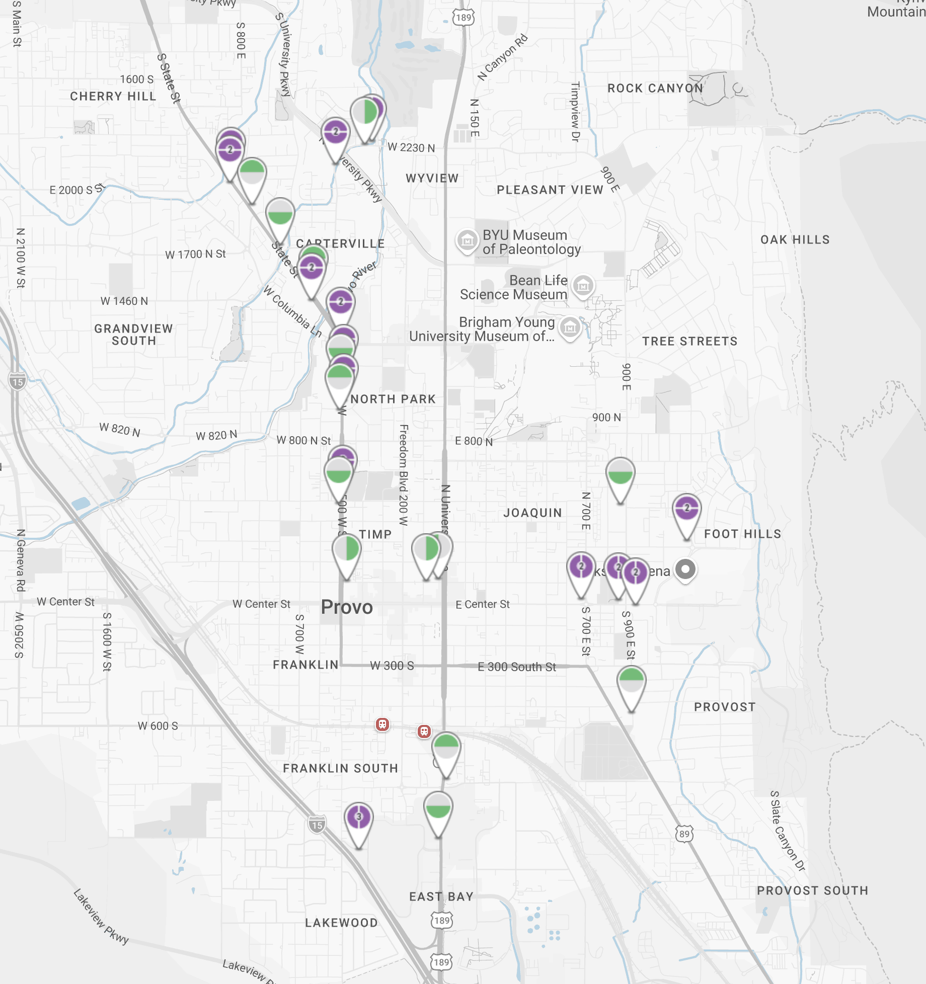 Bus shelter advertising inventory map for Provo, Utah