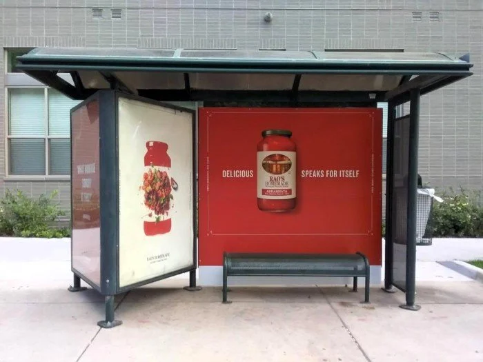 Rao's restaurant full house bus shelter ad in Denver, Colorado