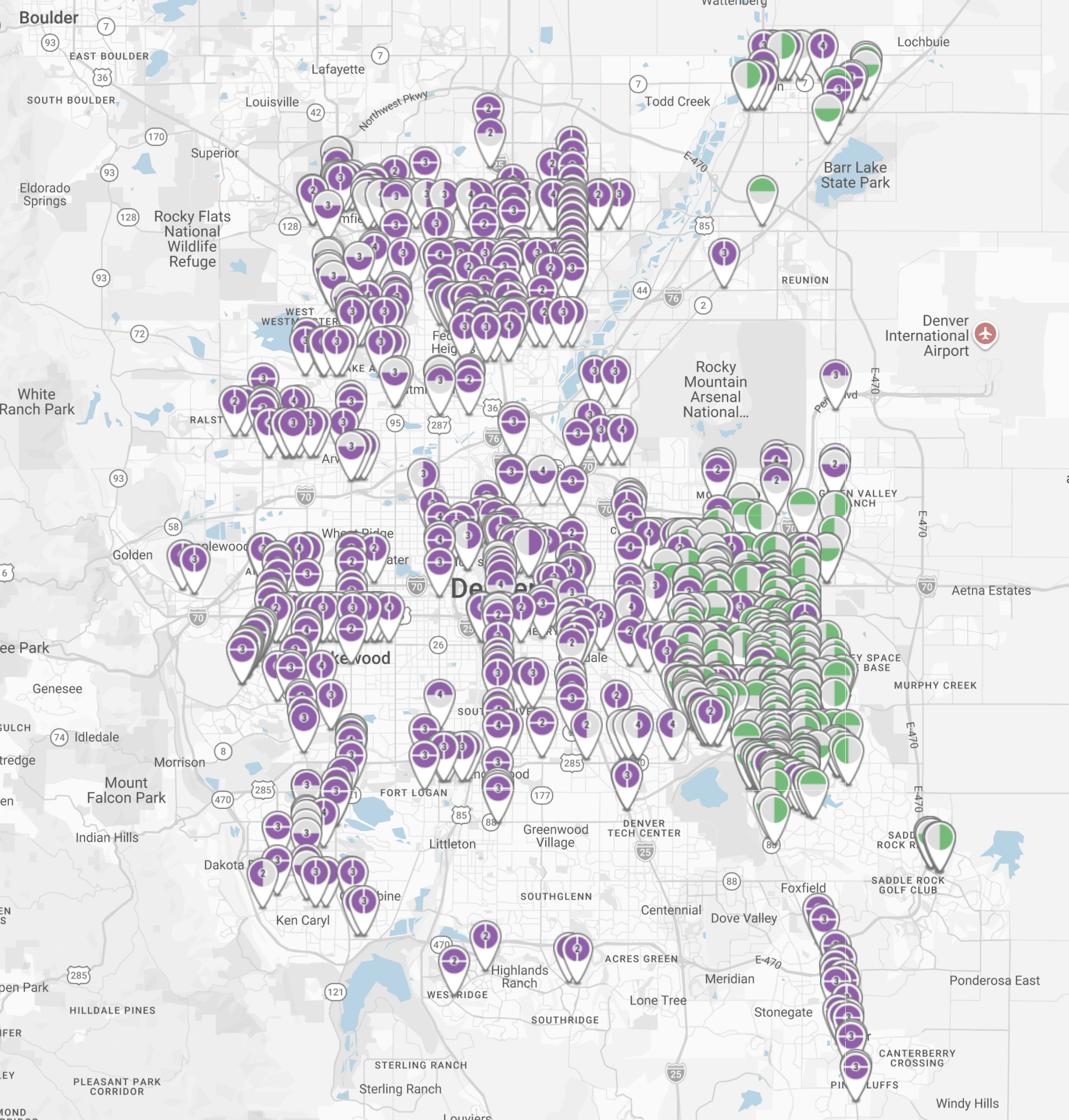 Bus shelter advertising coverage map for the Denver metro area
