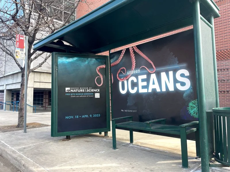 Denver Museum of Nature and Science gold full house bus shelter ad