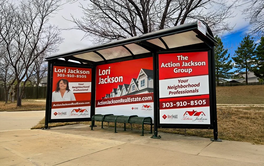 Lori Jackson gold full house bus shelter ad in Denver, Colorado