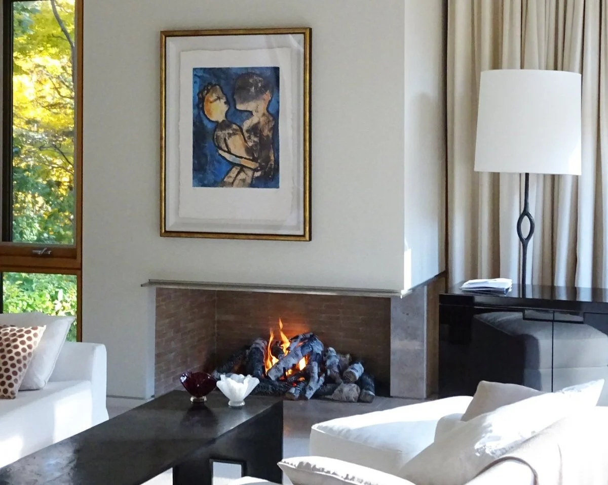 Woodburning-to-gas fireplace conversion by The Fireplace Specialist with custom open concept birch gas log set