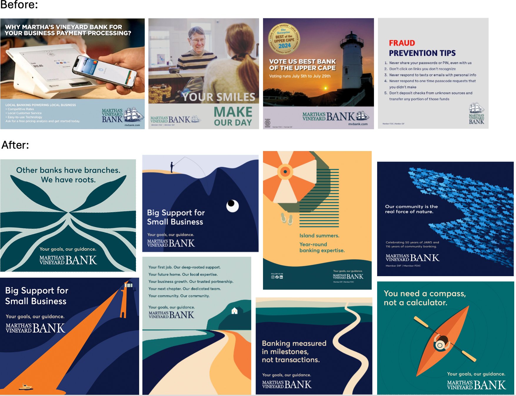   “Your goals, our guidance”  is the bank’s first tagline and campaign. It brought a new color palette, eye-catching graphics, and copy with personality to social, digital, print, and radio channels. New website ETA summer 2026. 