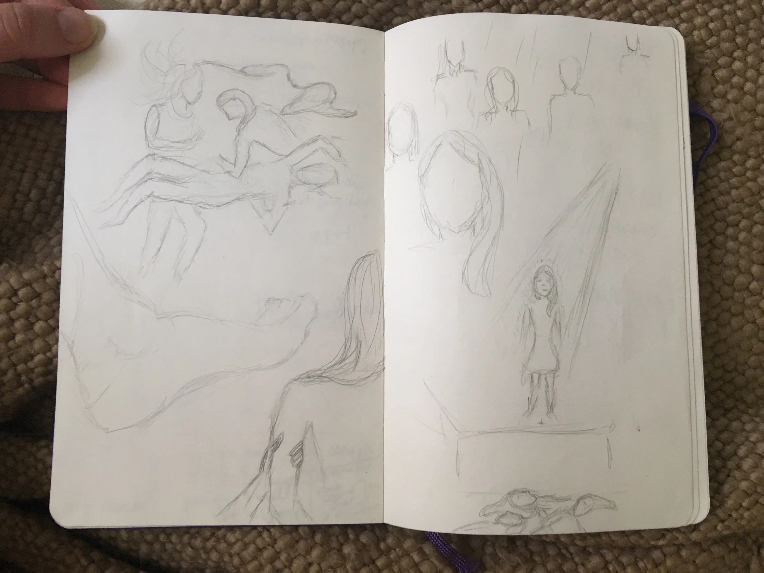 Above, sketches from early in the process. Below, an assortment of similar film stills. Consistency!