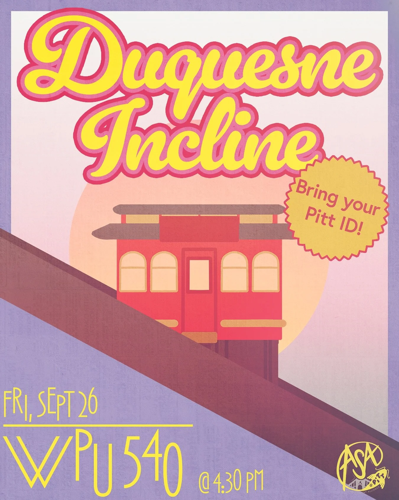 wanting to explore 🗺️ outside of campus? why not join asa on our field trip to duquesne incline NEXT FRIDAY (9/26)! there&rsquo;s a beautiful outlook of the city 🌆 and it&rsquo;s a great big little date spot 🤭

don&rsquo;t worry if you can&rsquo;t