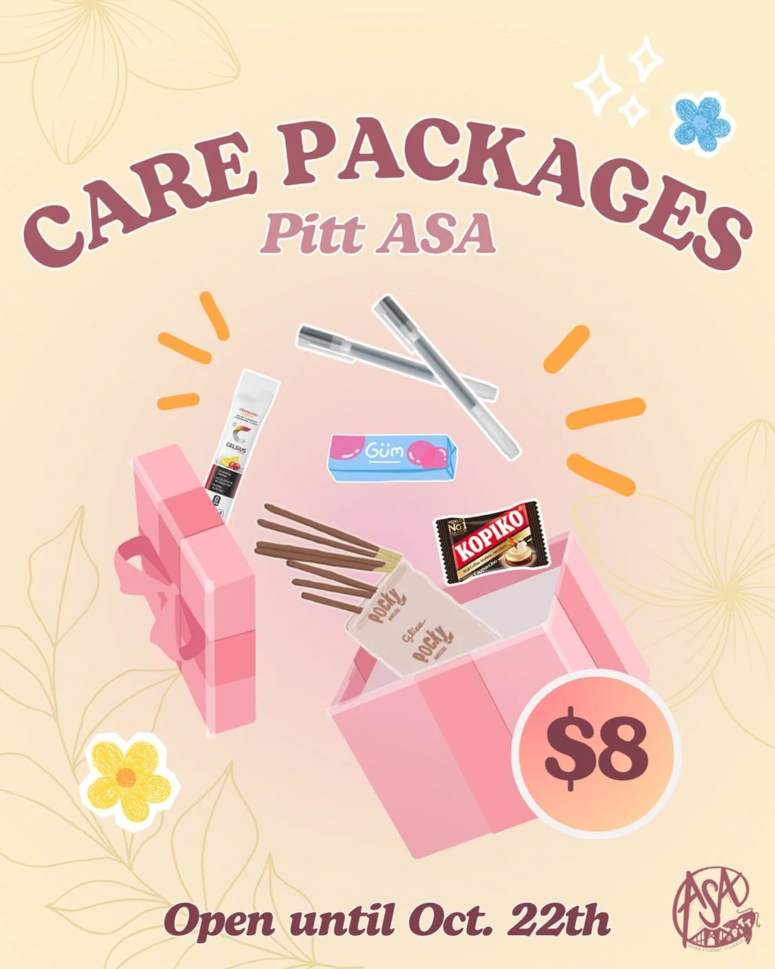 getting hit with yet another wave of midterms? 🫩 dw we gotchu!! 

buy a care package 📦 for $8 for either yourself or your friends! 🫂 unfortunately, the care package does not ❌ come with answers to your exams, BUT what it does have is

- 1 whole po