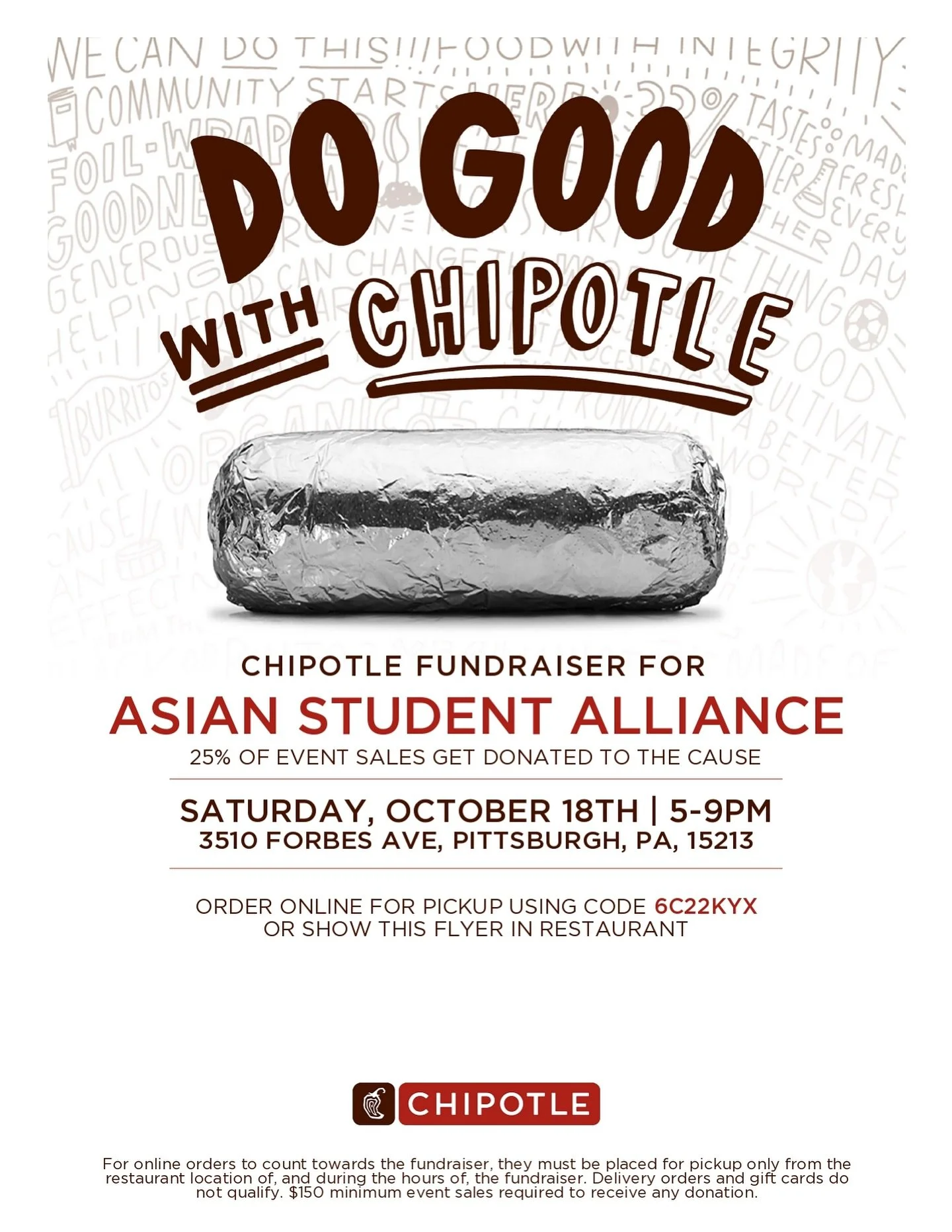 have any weekend dinner plans? join us THIS SATURDAY for our chipotle fundraiser 😋 from 5-9pm by showing our flyer in person or using the code above online! 🤳
