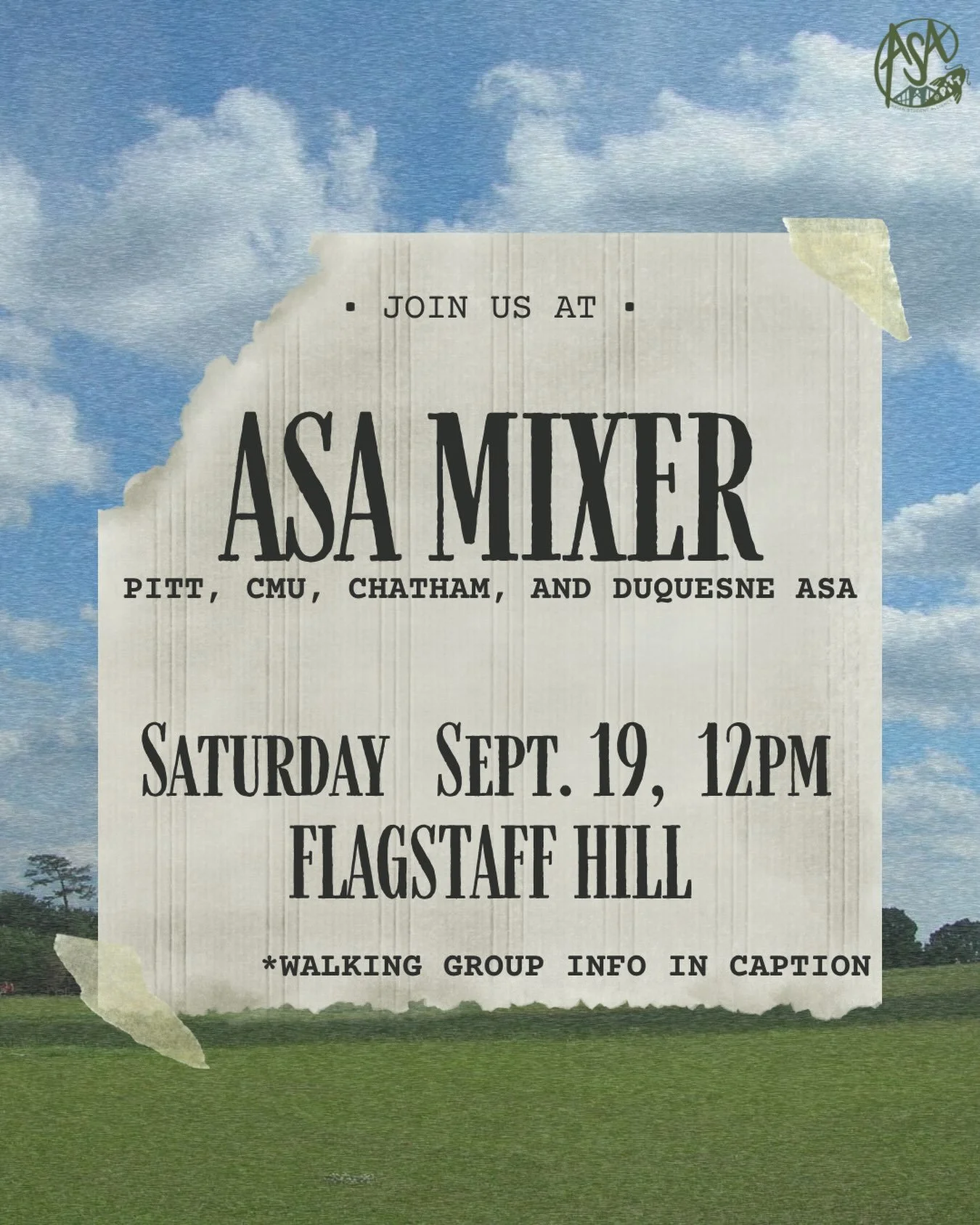 Four ASAs walk into a park&hellip; sounds like the start of a bad joke doesnt it? BUT it is actually YOUR Saturday plans. 🎉

Join Pitt, CMU, Chatham, and Duquesne ASA for a citywide mixer at Flagstaff Hill! 🤝 Come meet new people, make friends acro