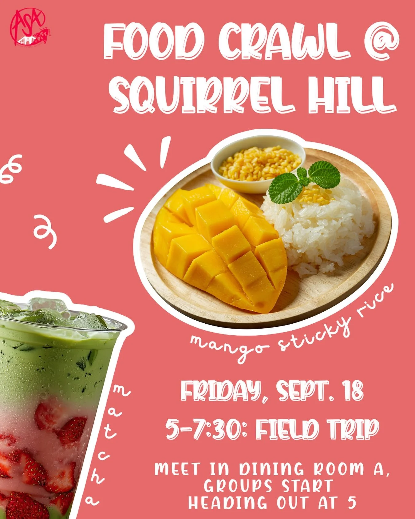 Food crawl time!! 🍚🥭🍵🥘

Join us Friday, September 18th from 5&ndash;7:30 PM for ASA&rsquo;s Squirrel Hill Food Crawl! We&rsquo;ll be heading out in groups to explore Squirrel Hill and grab some good food along the way 😼

We&rsquo;ll meet in Dini