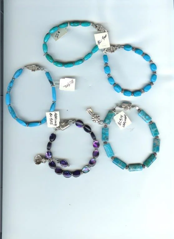 Asst Bracelets: Agate, Abalone, Turquoise, Sterling Horse in a Trailer clasp