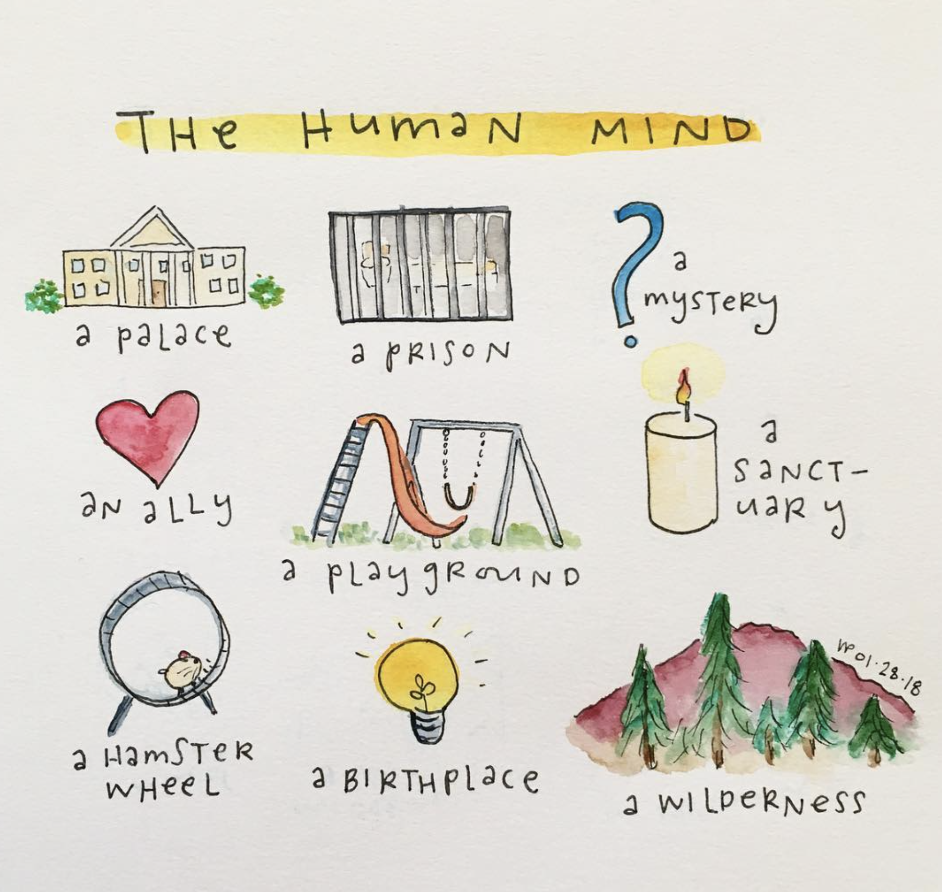 Illustration of the human mind as a palace, prison, mystery, sanctuary, hamster wheel, birthplace, and wilderness.