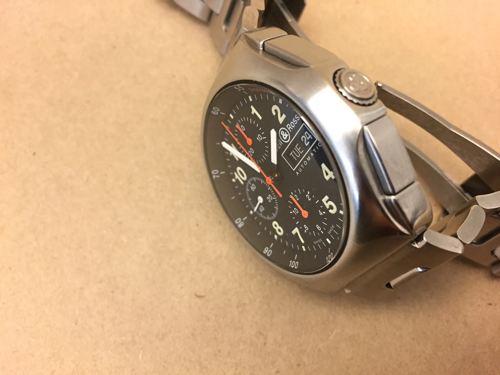 The aptly named Space 3 with its beautifully streamlined case. The little bit of brass that peek out where the hands are connected to the movement always gave me the notion that this is a serious timepiece. 
