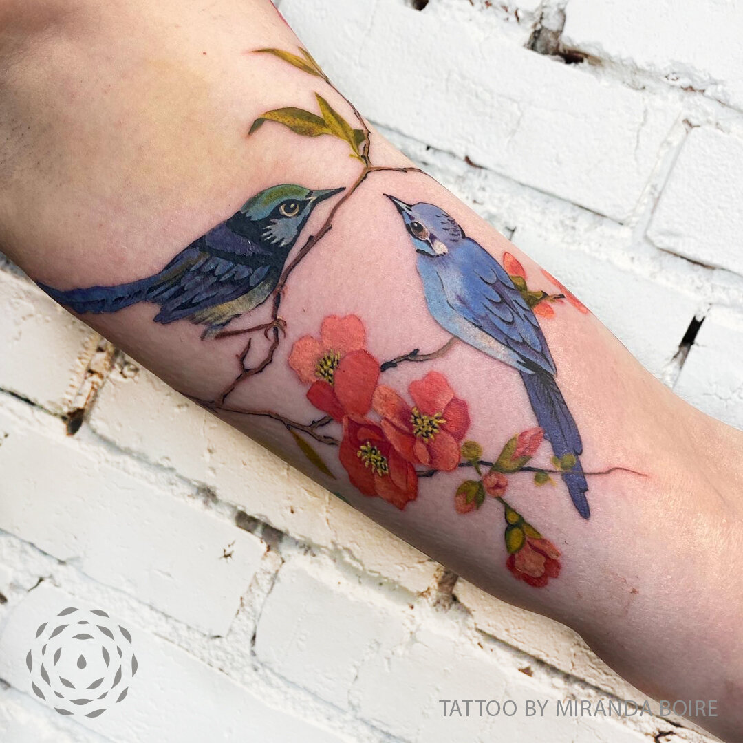 Blue Flower And Cardinal Tattoo On Back