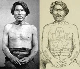 Chief Gitkun (Kitkun) with codfish chest tattoo, and salmon on lower arms. Left: A.P. Niblack photo. Right: J.G. Swan sketch.
