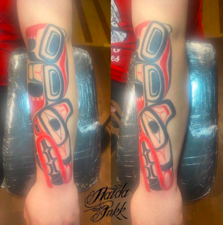 Formline, Haida tattoo on forearm by guest artist Gig at Liquid Amber Tattoo & Art Collective