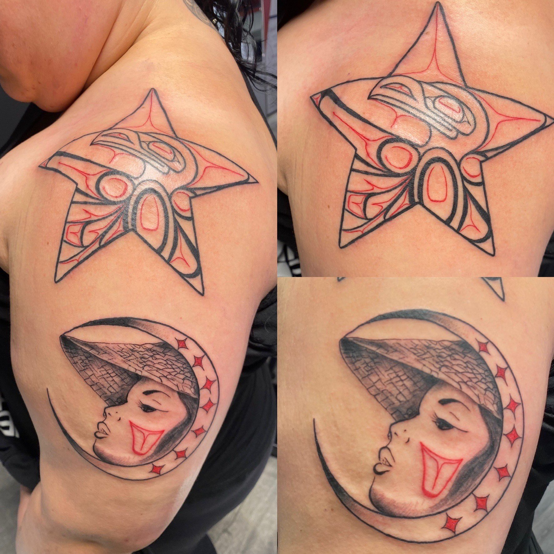 Formline and portrait Haida tattoo on arm by Gig at Liquid Amber Tattoo & Art Collective