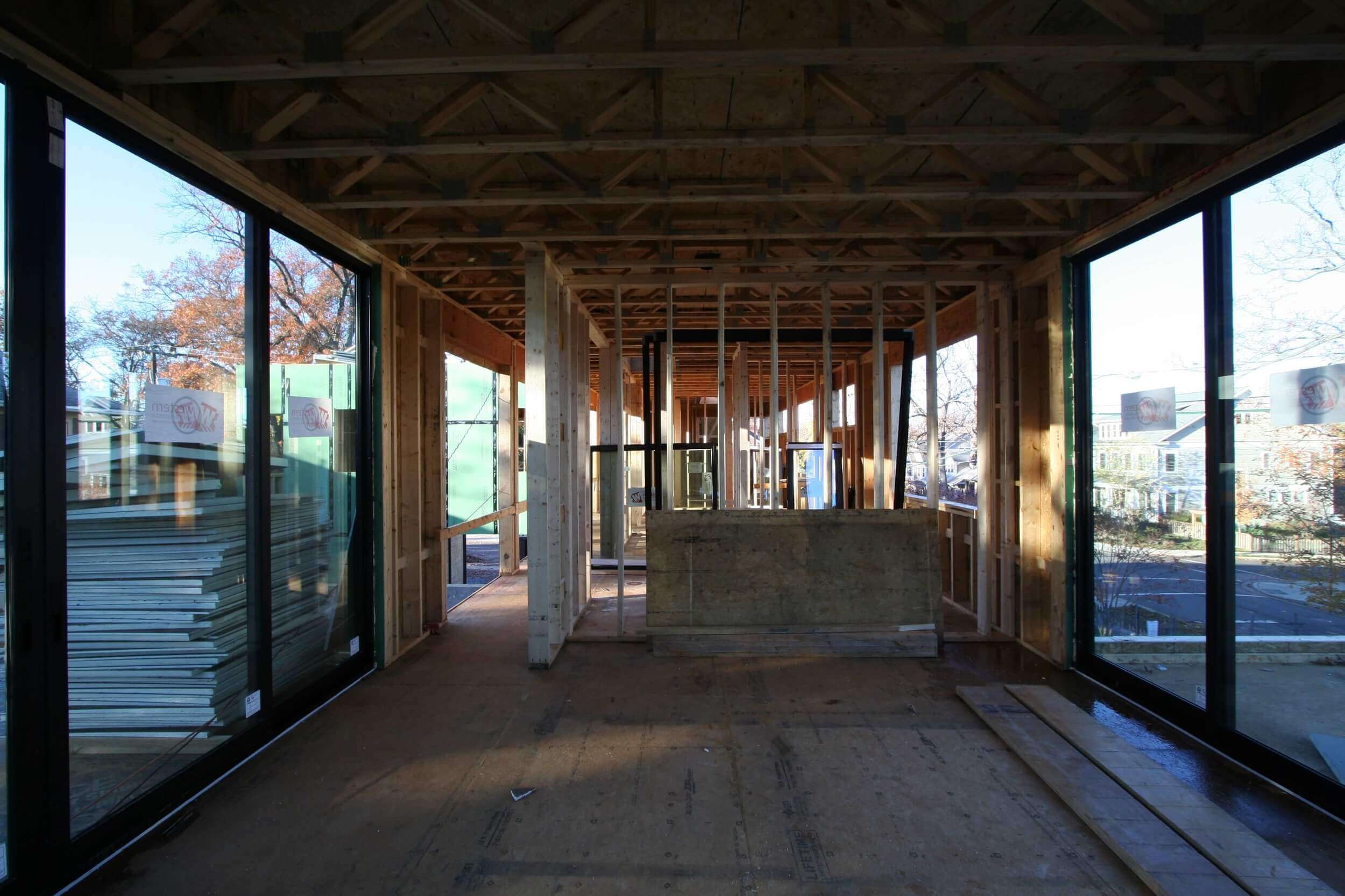   An interior shot of the wall and ceiling framing.  