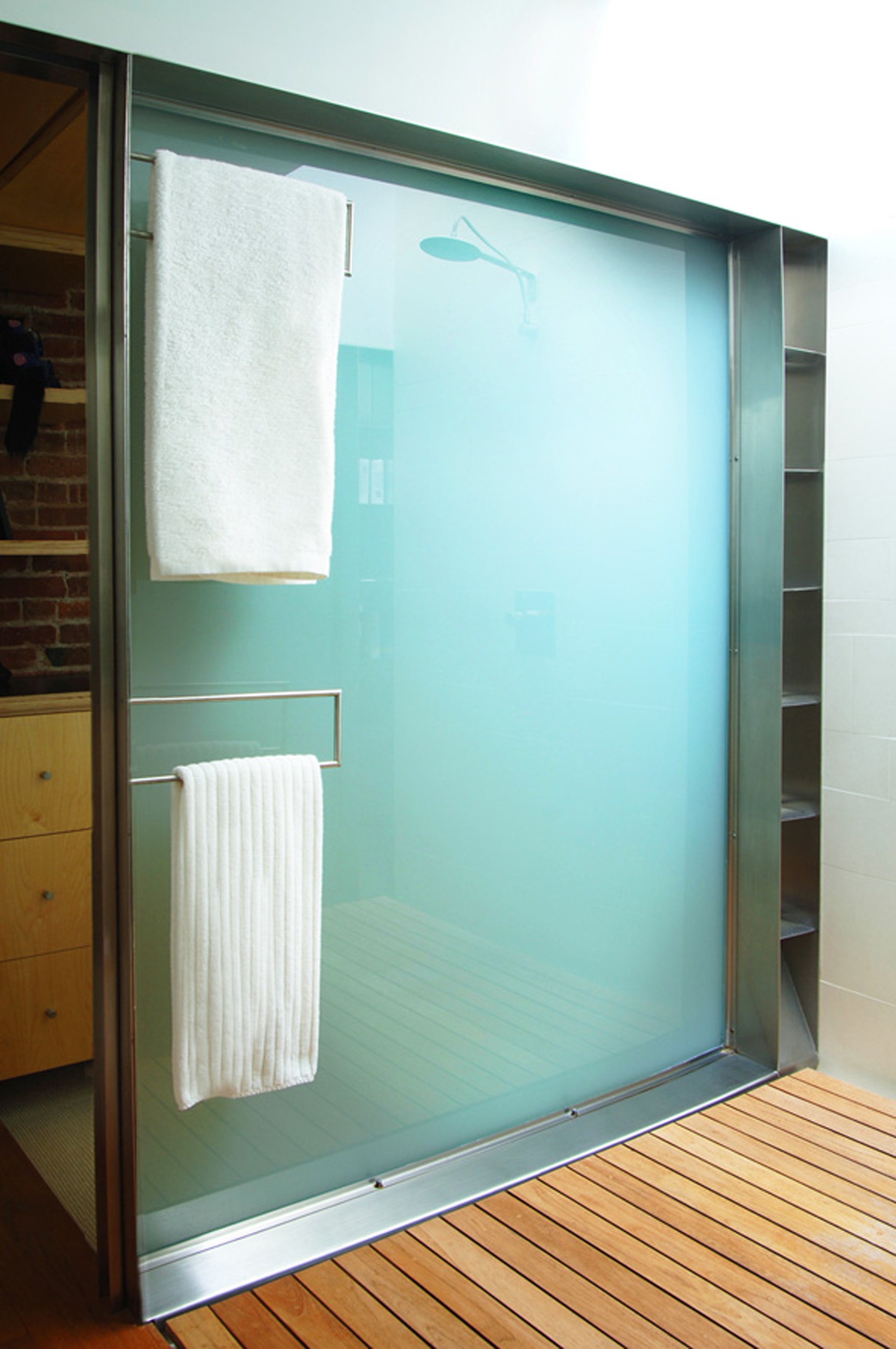 Modern Loft Apartment Renovation | Brooklyn Heights New York City | Bathroom Laminated Glass Shower Enclosure Teak Floor | RES4